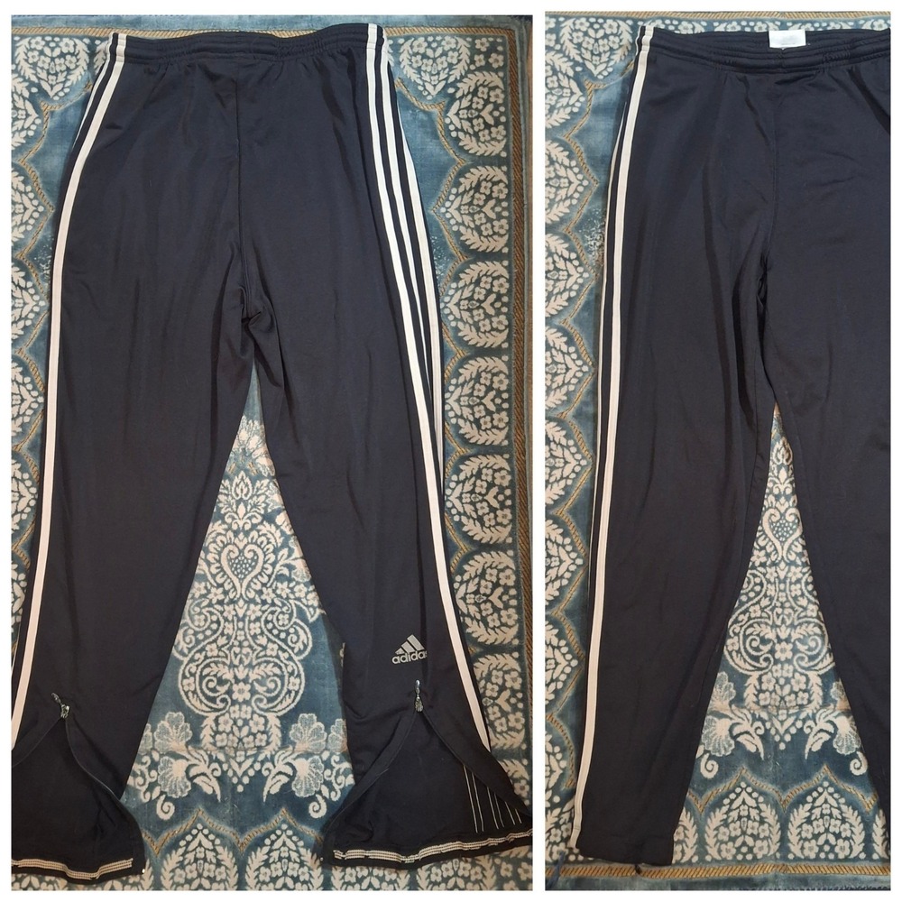 Y2K 2001 VTG Adidas Classic Track Pants Unisex Small Black Striped Taper Zip Leg